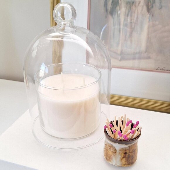 Vintage match holder crock & Glass 3 wick candle cloche dome cover - Picture 1 of 2